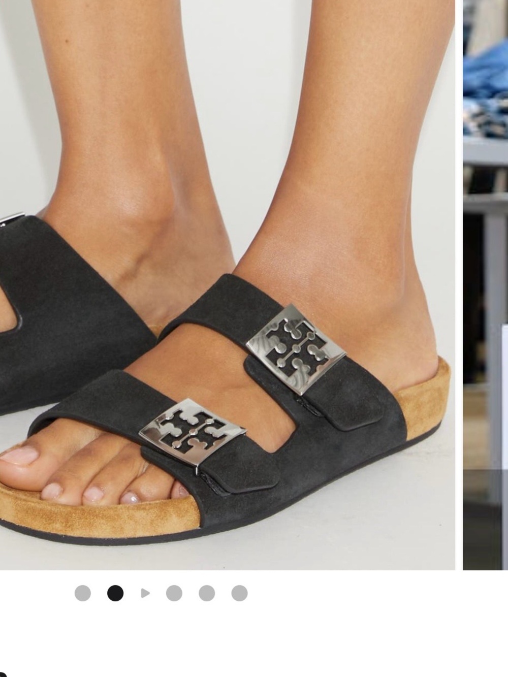 Tory Burch Black Suede Double-Strap Slide Sandals with Logo Buckles